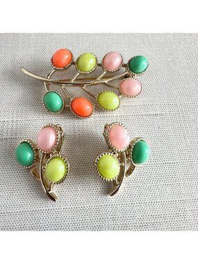 Sarah Coventry Pastel Cabochon Branch Brooch Earring Set, 1960s Thermoset